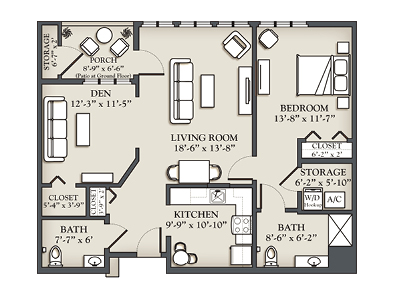 One bedroom with den floor plan