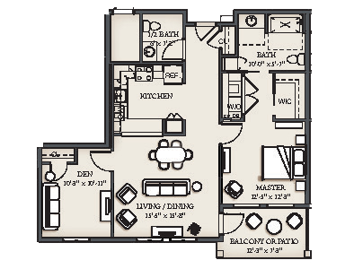 One Bed with Den 1094 sqft